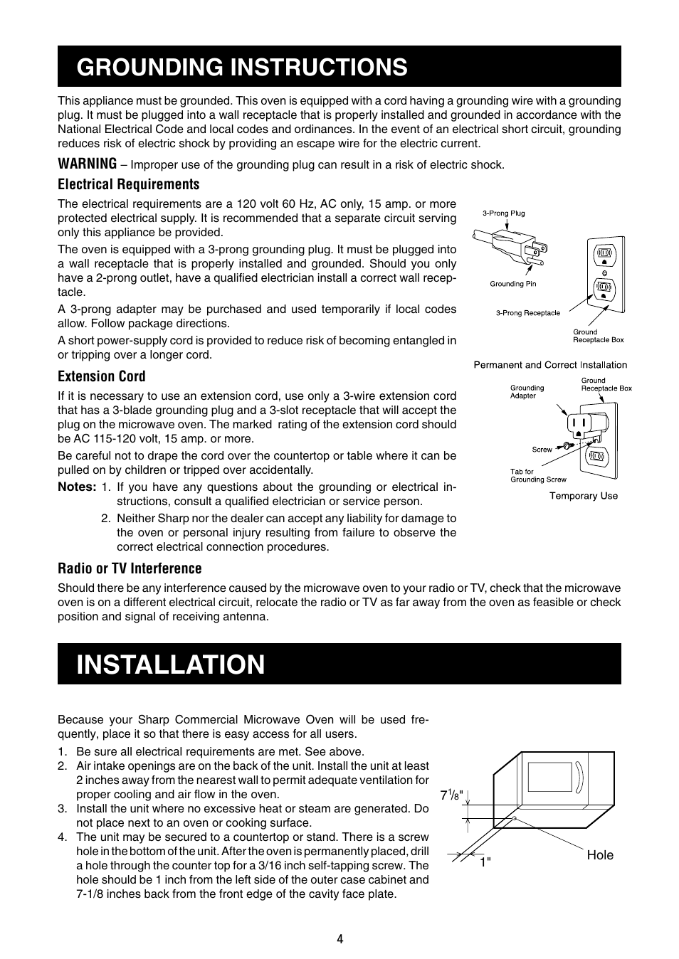 Installation, Grounding instructions | Sharp R-21JCA User Manual | Page 5 / 24