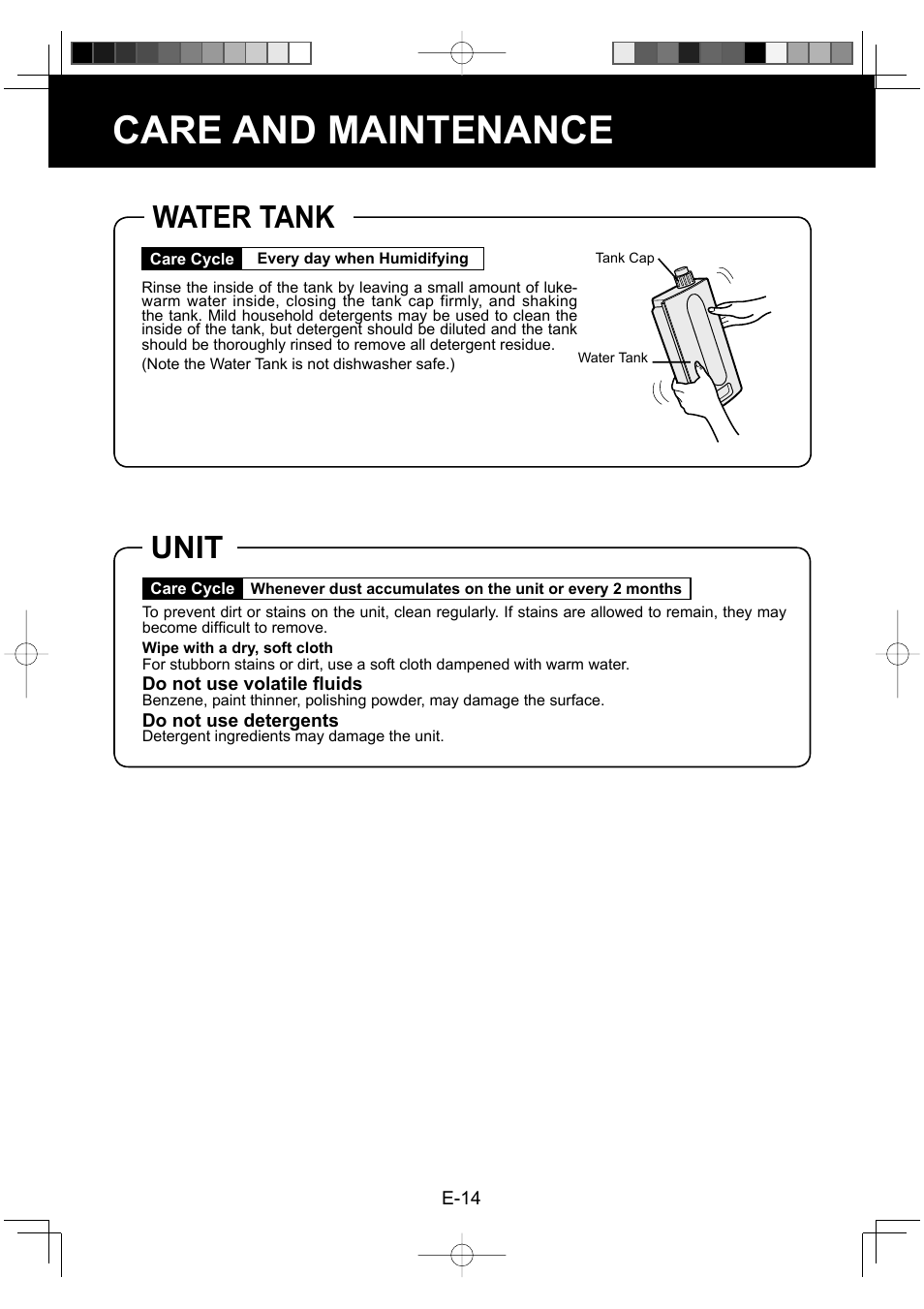 Care and maintenance, Water tank, Unit | Sharp Air Purifier with Humidifying Function KC-830U User Manual | Page 16 / 56
