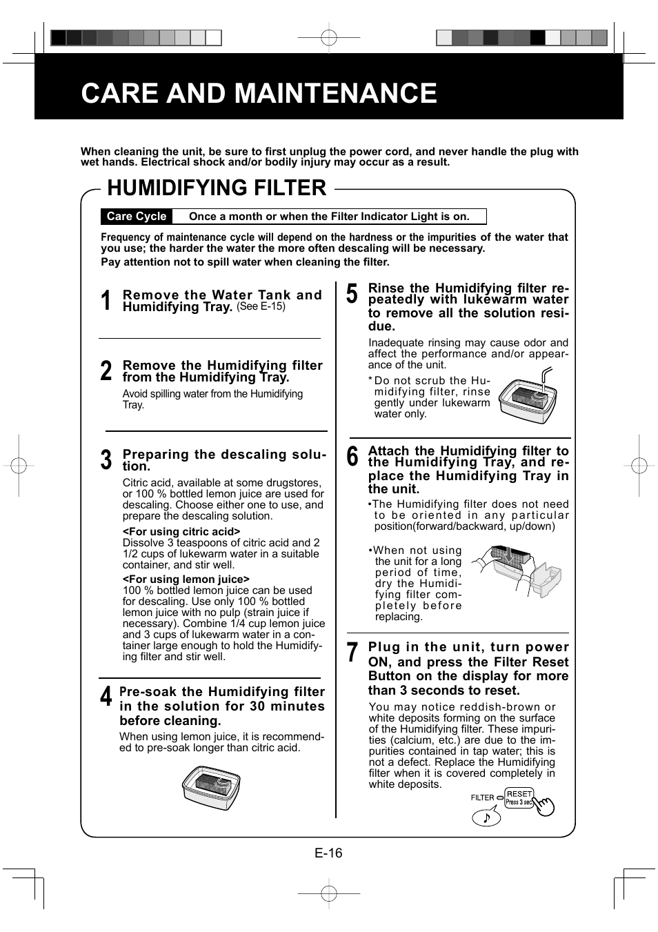 Care and maintenance, Humidifying filter | Sharp Air Purifier with Humidifying Function KC-830U User Manual | Page 18 / 56