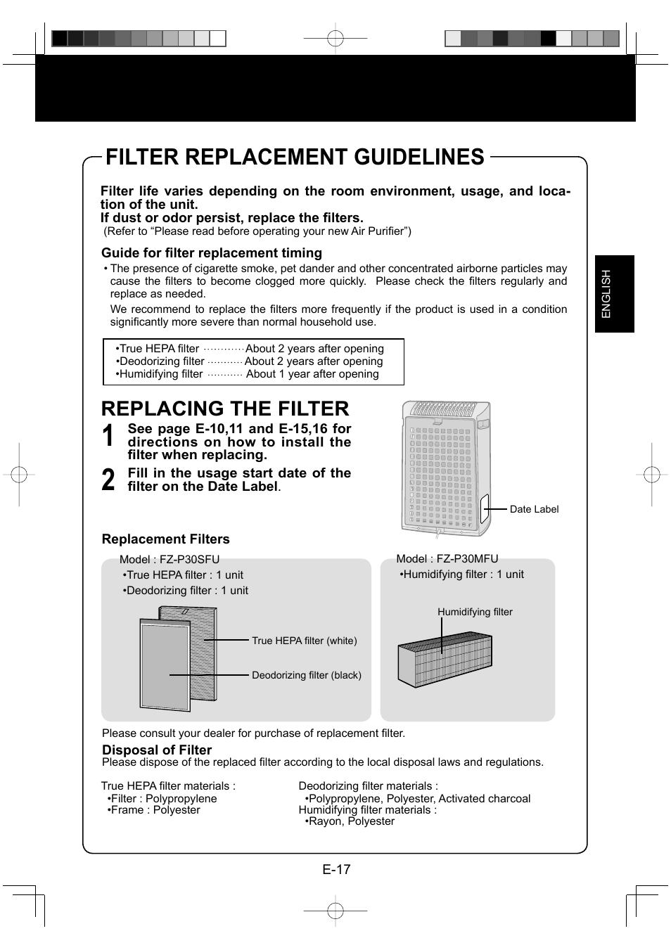 Filter replacement guidelines, Replacing the filter | Sharp Air Purifier with Humidifying Function KC-830U User Manual | Page 19 / 56