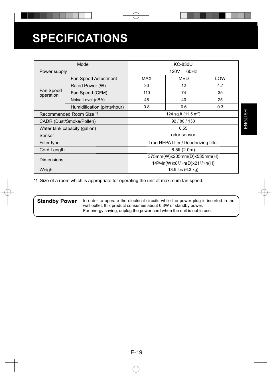 Specifications, E-19, Standby power | Sharp Air Purifier with Humidifying Function KC-830U User Manual | Page 21 / 56