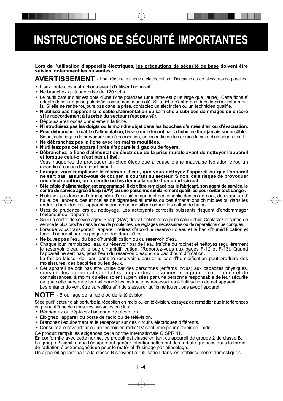 Instructions de sécurité importantes, Avertissement | Sharp Air Purifier with Humidifying Function KC-830U User Manual | Page 26 / 56