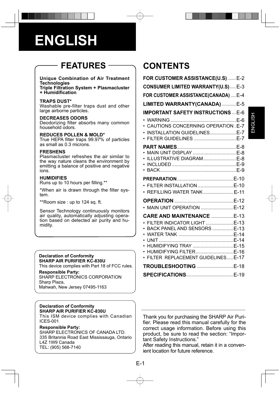 Sharp Air Purifier with Humidifying Function KC-830U User Manual | Page 3 / 56