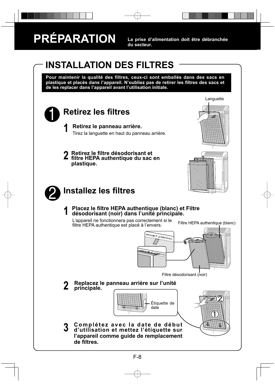 Préparation, Installation des filtres, Retirez les fi ltres | Installez les fi ltres | Sharp Air Purifier with Humidifying Function KC-830U User Manual | Page 30 / 56