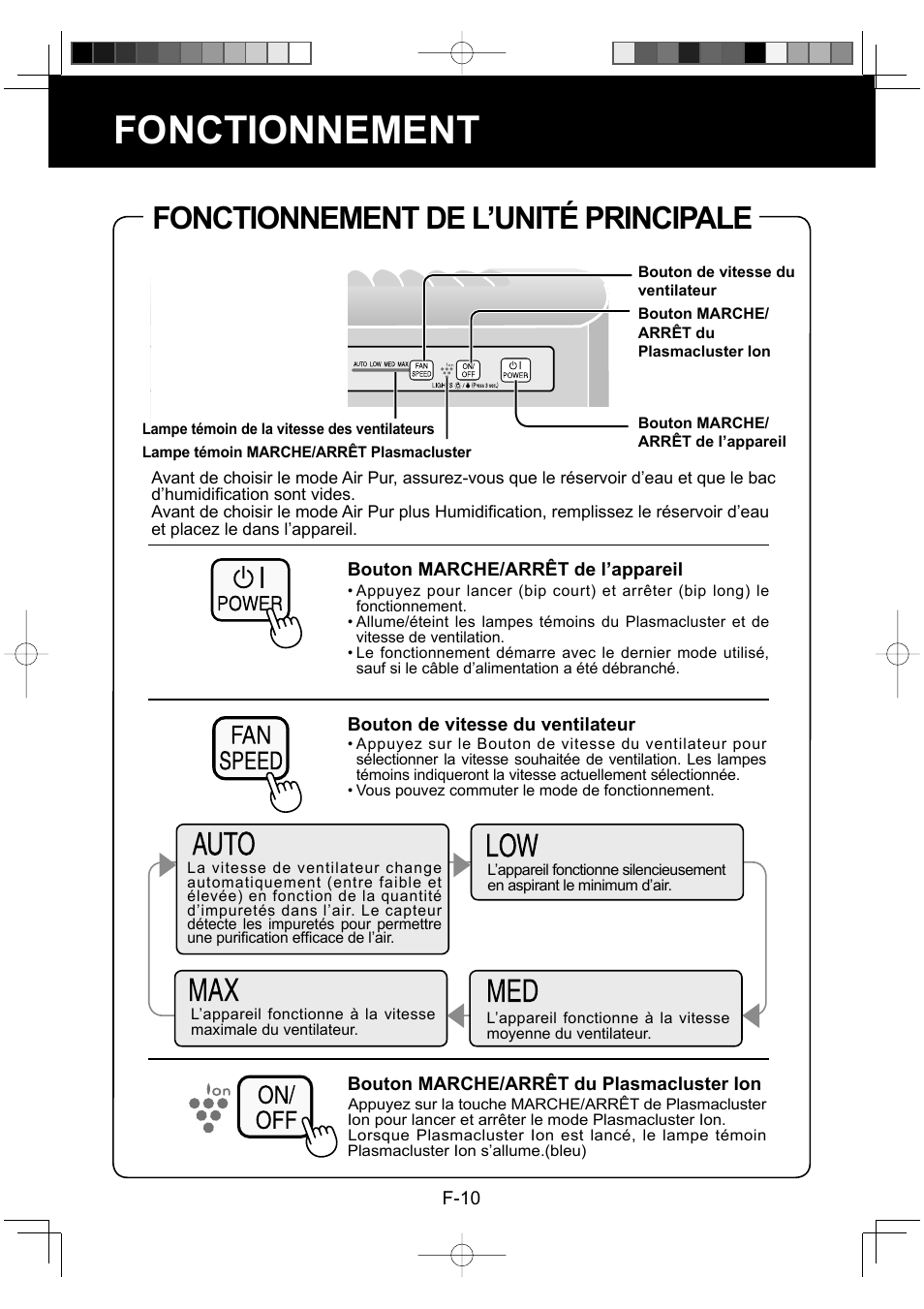 Fonctionnement, Fonctionnement de l’unité principale | Sharp Air Purifier with Humidifying Function KC-830U User Manual | Page 32 / 56