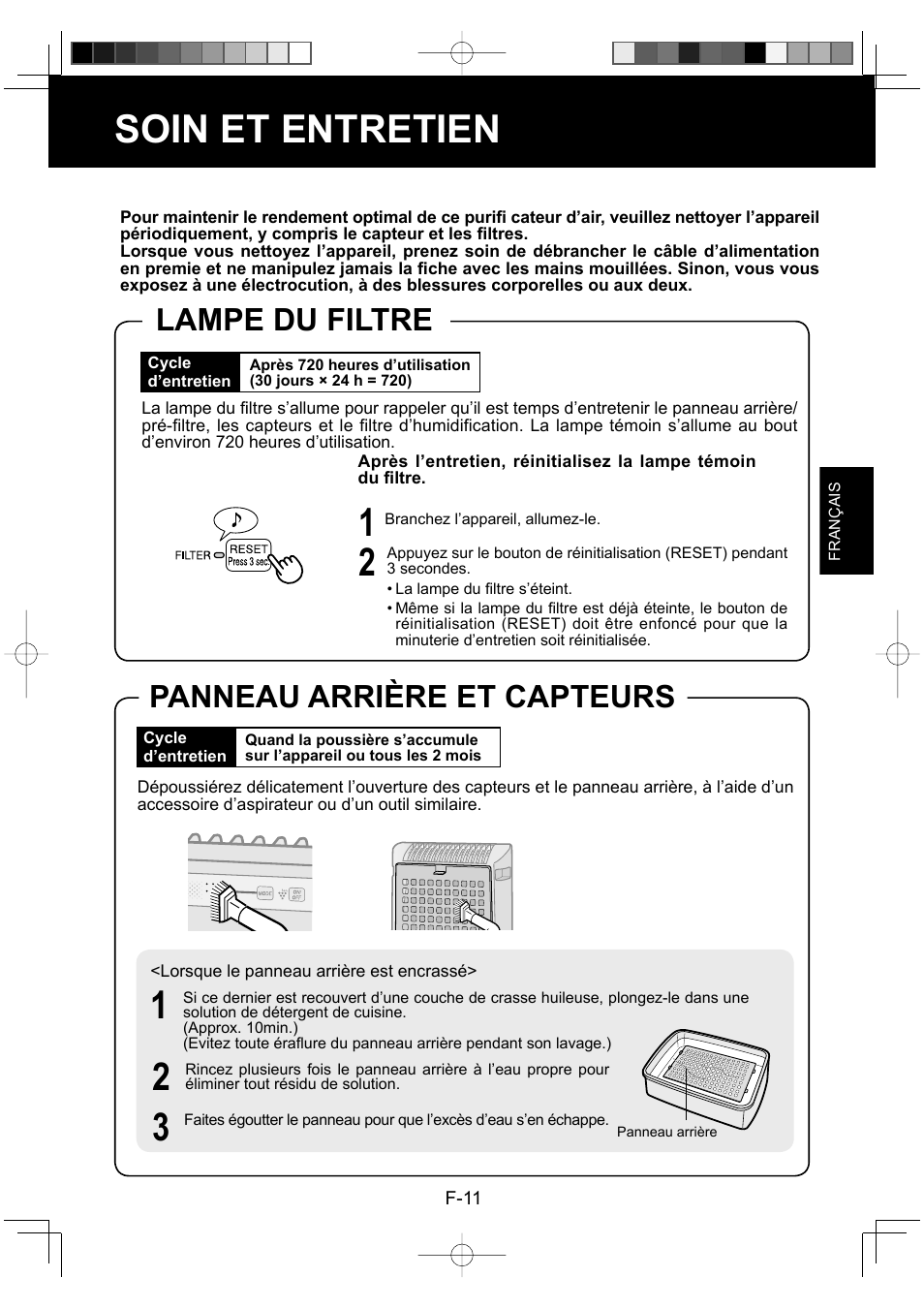 Soin et entretien, Lampe du filtre, Panneau arrière et capteurs | Sharp Air Purifier with Humidifying Function KC-830U User Manual | Page 33 / 56