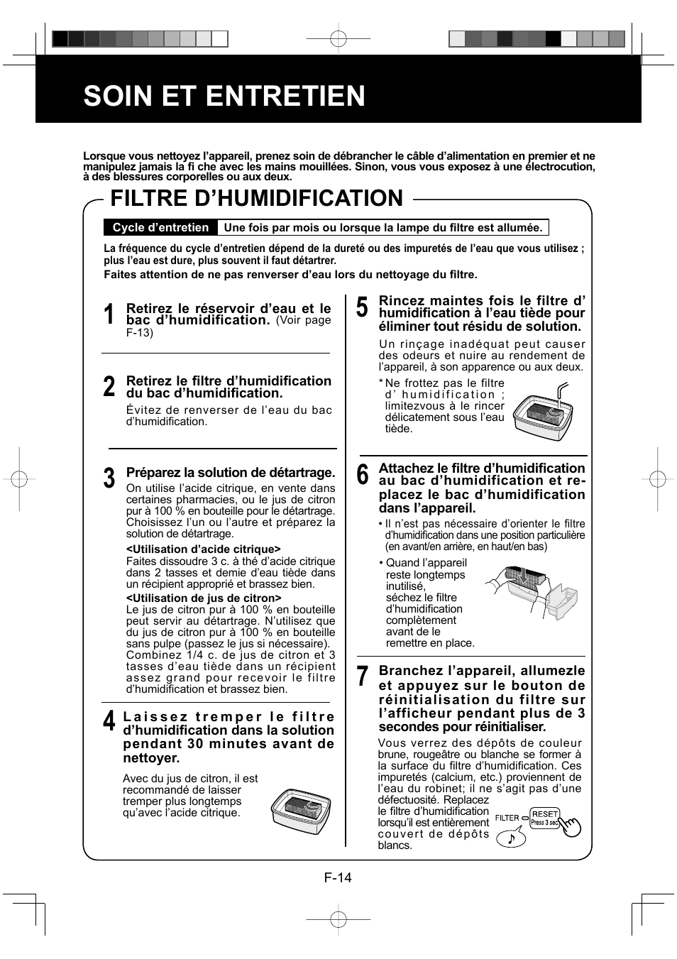 Soin et entretien, Filtre d’humidification | Sharp Air Purifier with Humidifying Function KC-830U User Manual | Page 36 / 56