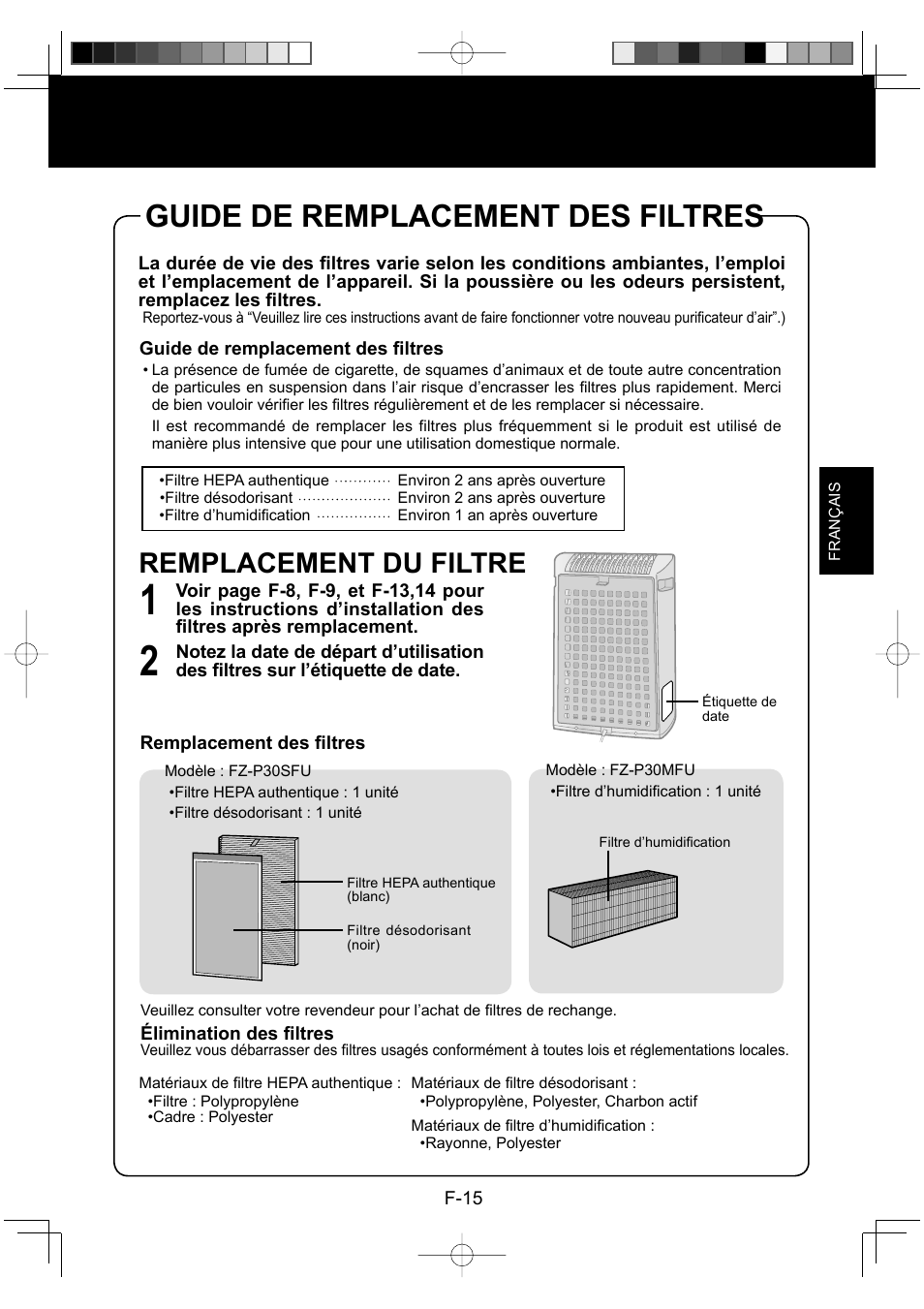 Guide de remplacement des filtres, Remplacement du filtre | Sharp Air Purifier with Humidifying Function KC-830U User Manual | Page 37 / 56