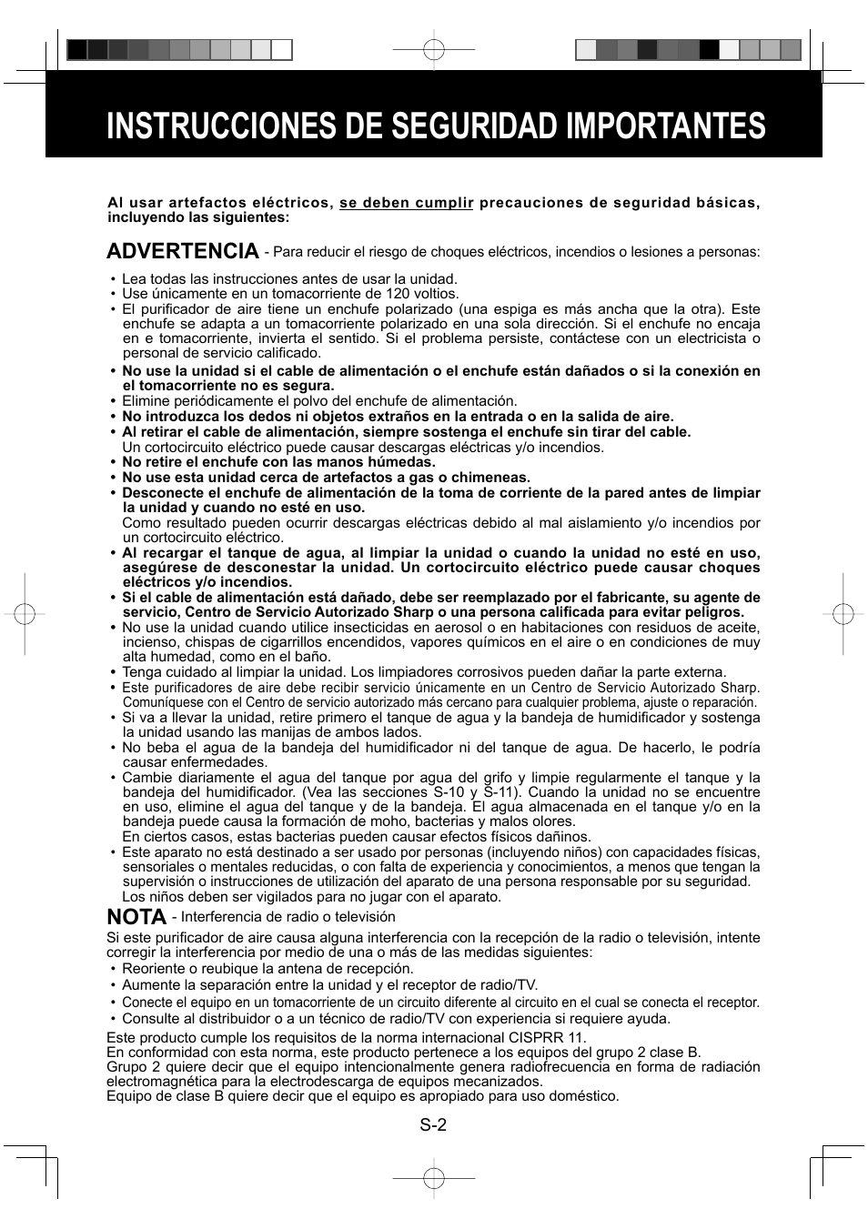 Instrucciones de seguridad importantes, Advertencia, Nota | Sharp Air Purifier with Humidifying Function KC-830U User Manual | Page 42 / 56