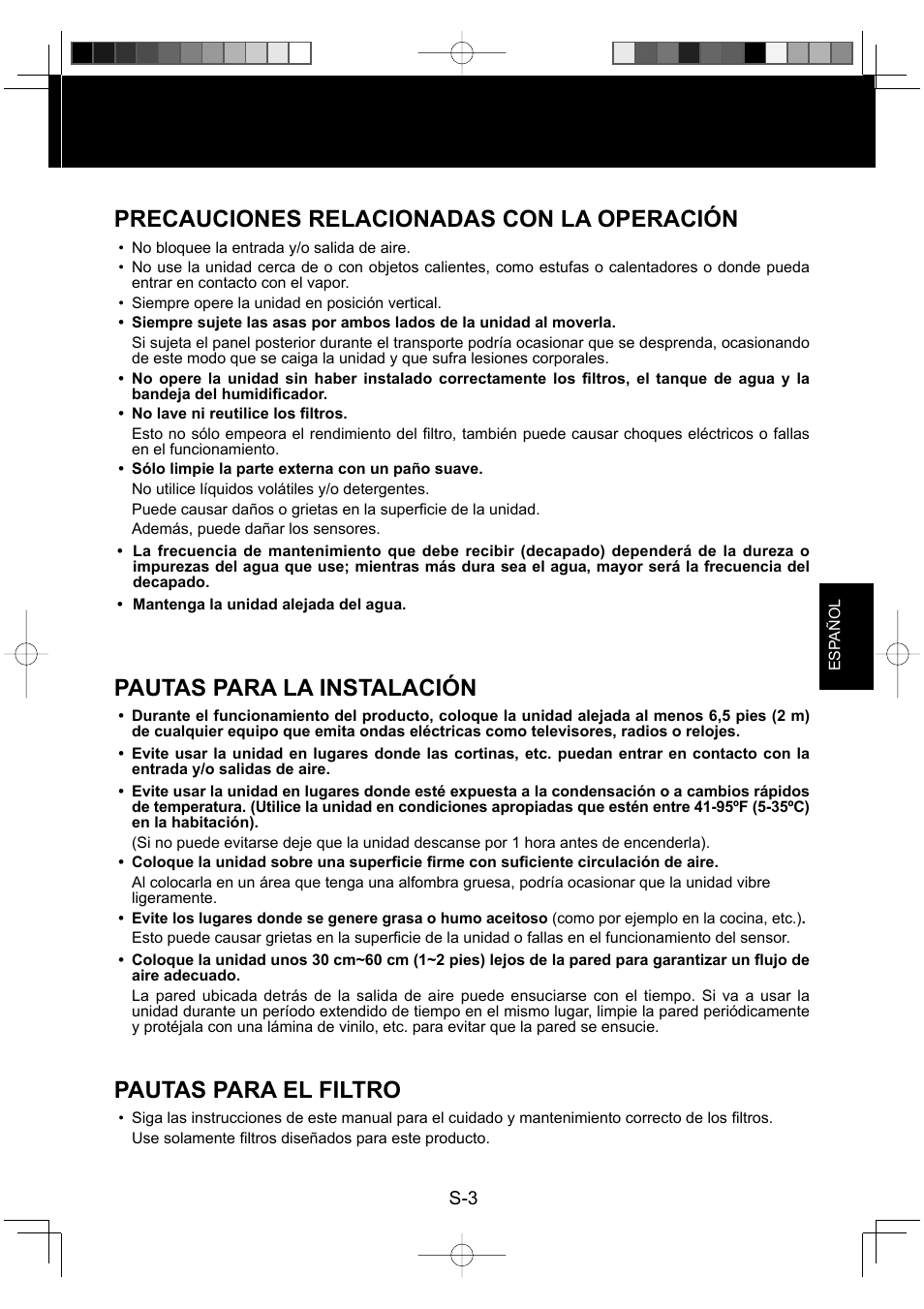 Precauciones relacionadas con la operación, Pautas para la instalación, Pautas para el filtro | Sharp Air Purifier with Humidifying Function KC-830U User Manual | Page 43 / 56