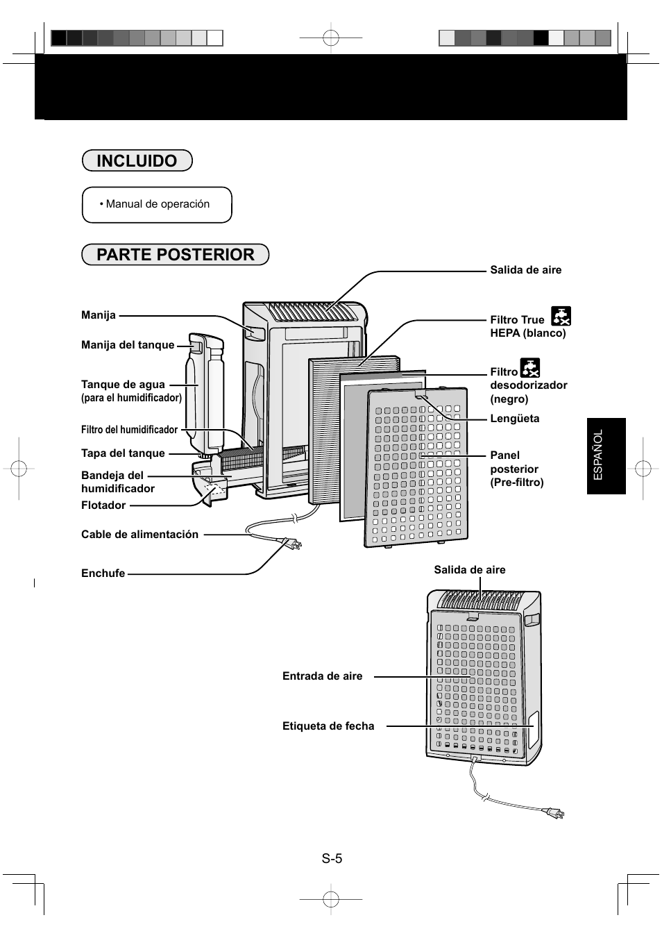 Incluido, Parte posterior | Sharp Air Purifier with Humidifying Function KC-830U User Manual | Page 45 / 56