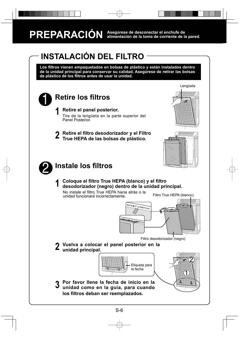 Preparación, Instalación del filtro | Sharp Air Purifier with Humidifying Function KC-830U User Manual | Page 46 / 56