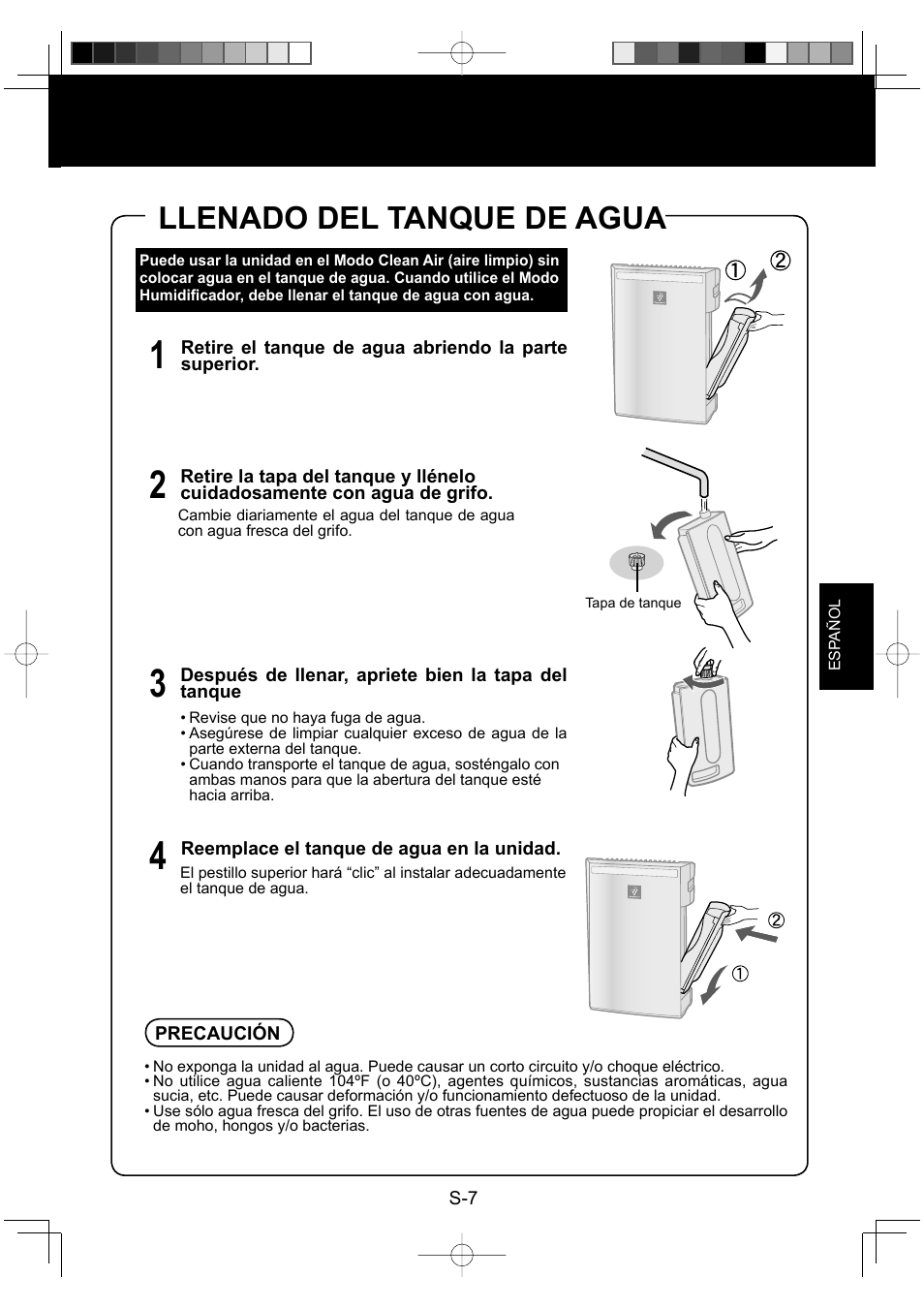 Llenado del tanque de agua | Sharp Air Purifier with Humidifying Function KC-830U User Manual | Page 47 / 56