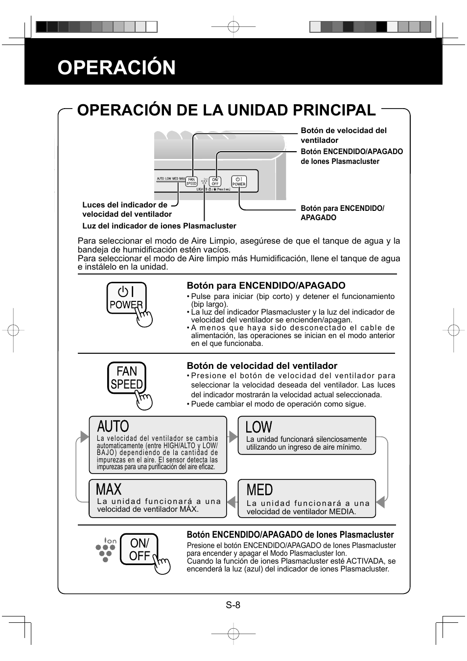 Operación, Operación de la unidad principal | Sharp Air Purifier with Humidifying Function KC-830U User Manual | Page 48 / 56