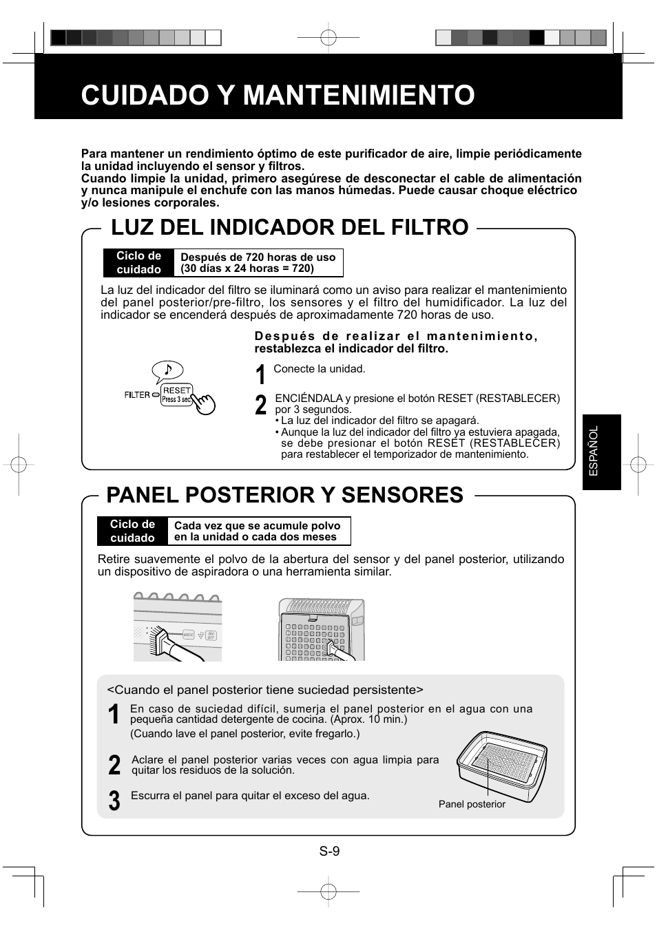 Cuidado y mantenimiento, Luz del indicador del filtro, Panel posterior y sensores | Sharp Air Purifier with Humidifying Function KC-830U User Manual | Page 49 / 56