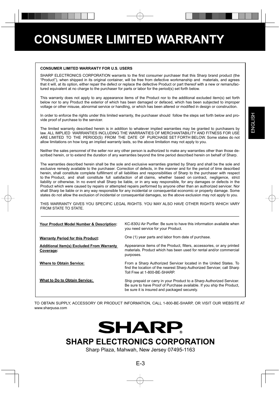 Consumer limited warranty, Sharp electronics corporation | Sharp Air Purifier with Humidifying Function KC-830U User Manual | Page 5 / 56