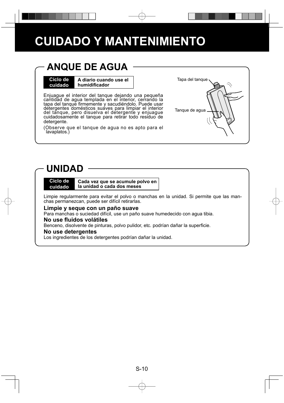 Cuidado y mantenimiento, Anque de agua, Unidad | Sharp Air Purifier with Humidifying Function KC-830U User Manual | Page 50 / 56
