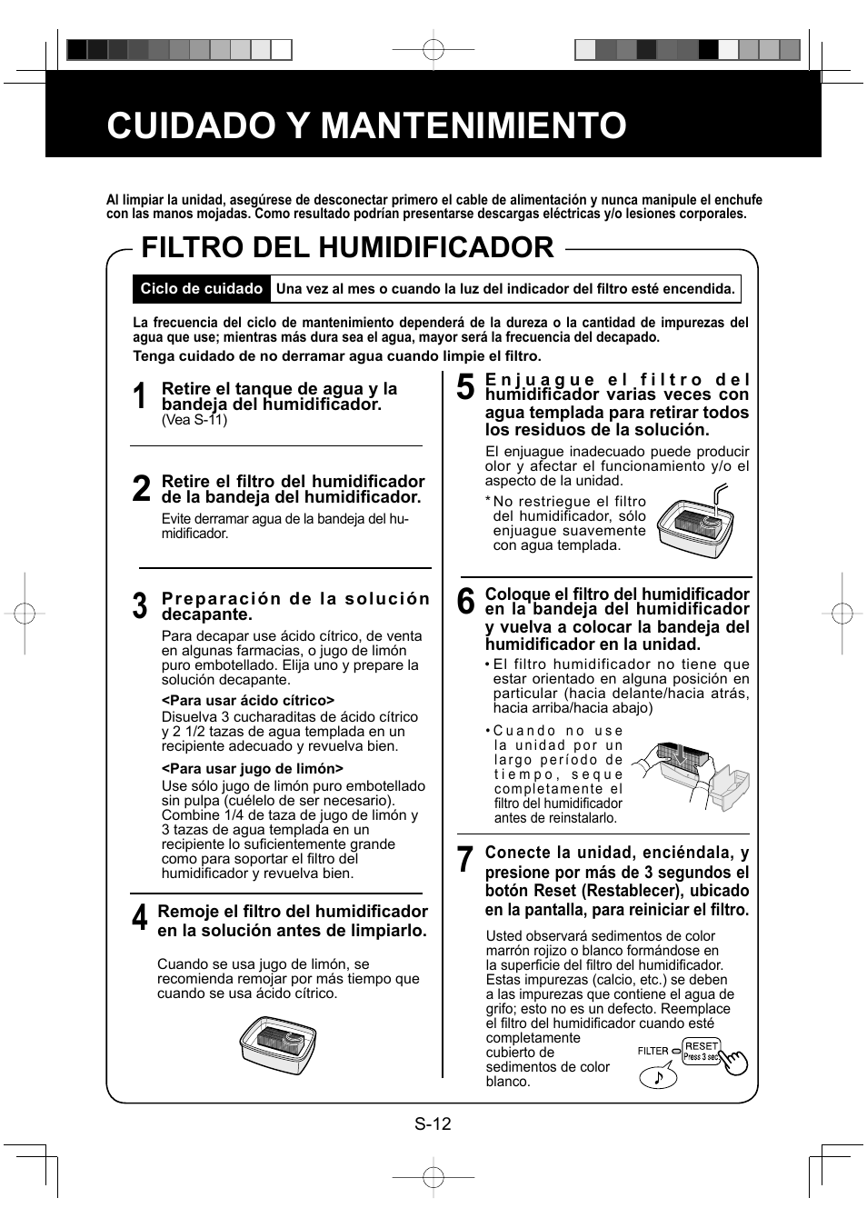 Cuidado y mantenimiento, Filtro del humidificador | Sharp Air Purifier with Humidifying Function KC-830U User Manual | Page 52 / 56