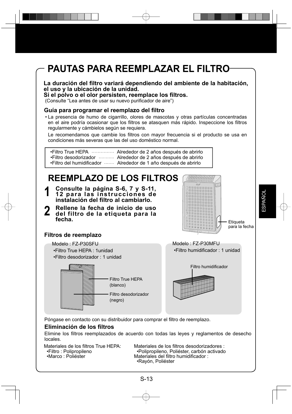 Pautas para reemplazar el filtro, Reemplazo de los filtros | Sharp Air Purifier with Humidifying Function KC-830U User Manual | Page 53 / 56