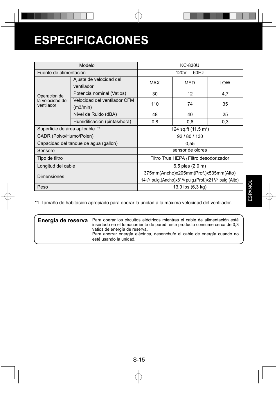 Especificaciones | Sharp Air Purifier with Humidifying Function KC-830U User Manual | Page 55 / 56