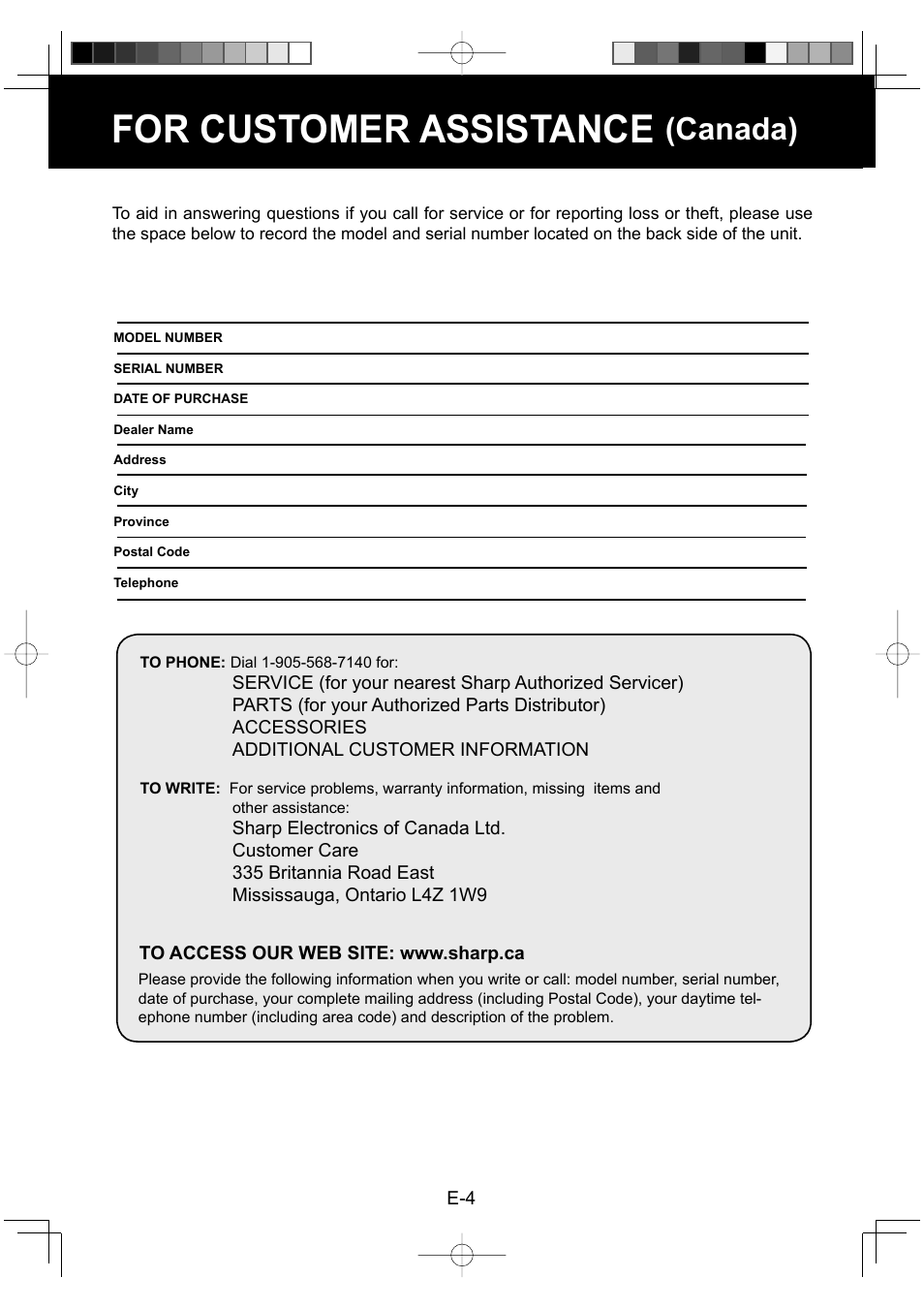 For customer assistance (canada), For customer assistance, Canada) | Sharp Air Purifier with Humidifying Function KC-830U User Manual | Page 6 / 56