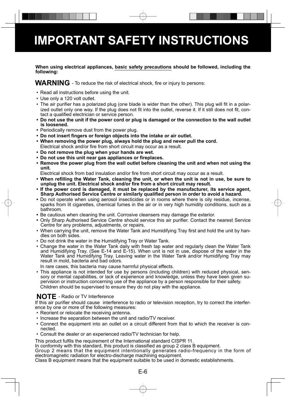 Important safety instructions, Warning | Sharp Air Purifier with Humidifying Function KC-830U User Manual | Page 8 / 56