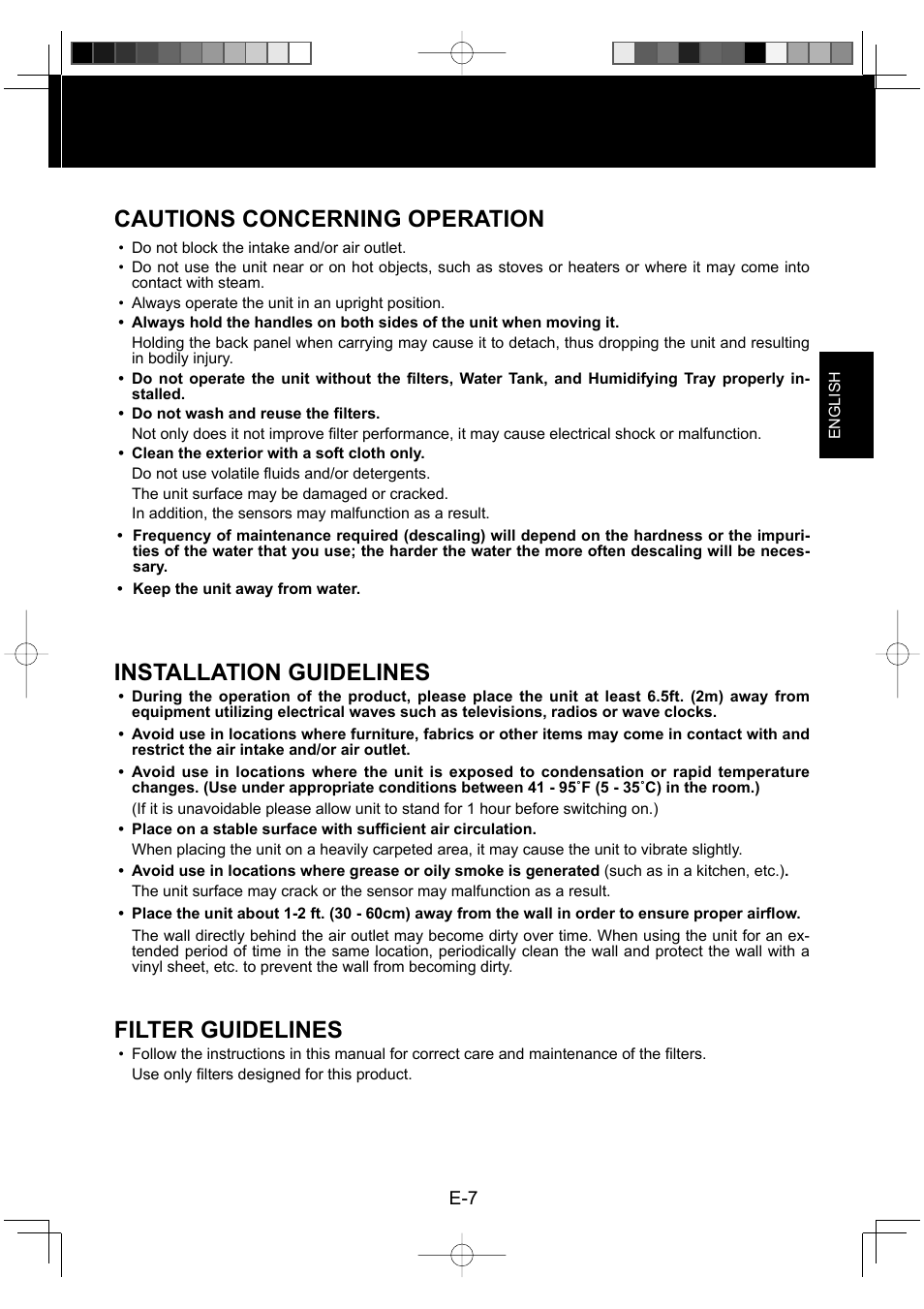 Cautions concerning operation, Installation guidelines, Filter guidelines | Sharp Air Purifier with Humidifying Function KC-830U User Manual | Page 9 / 56