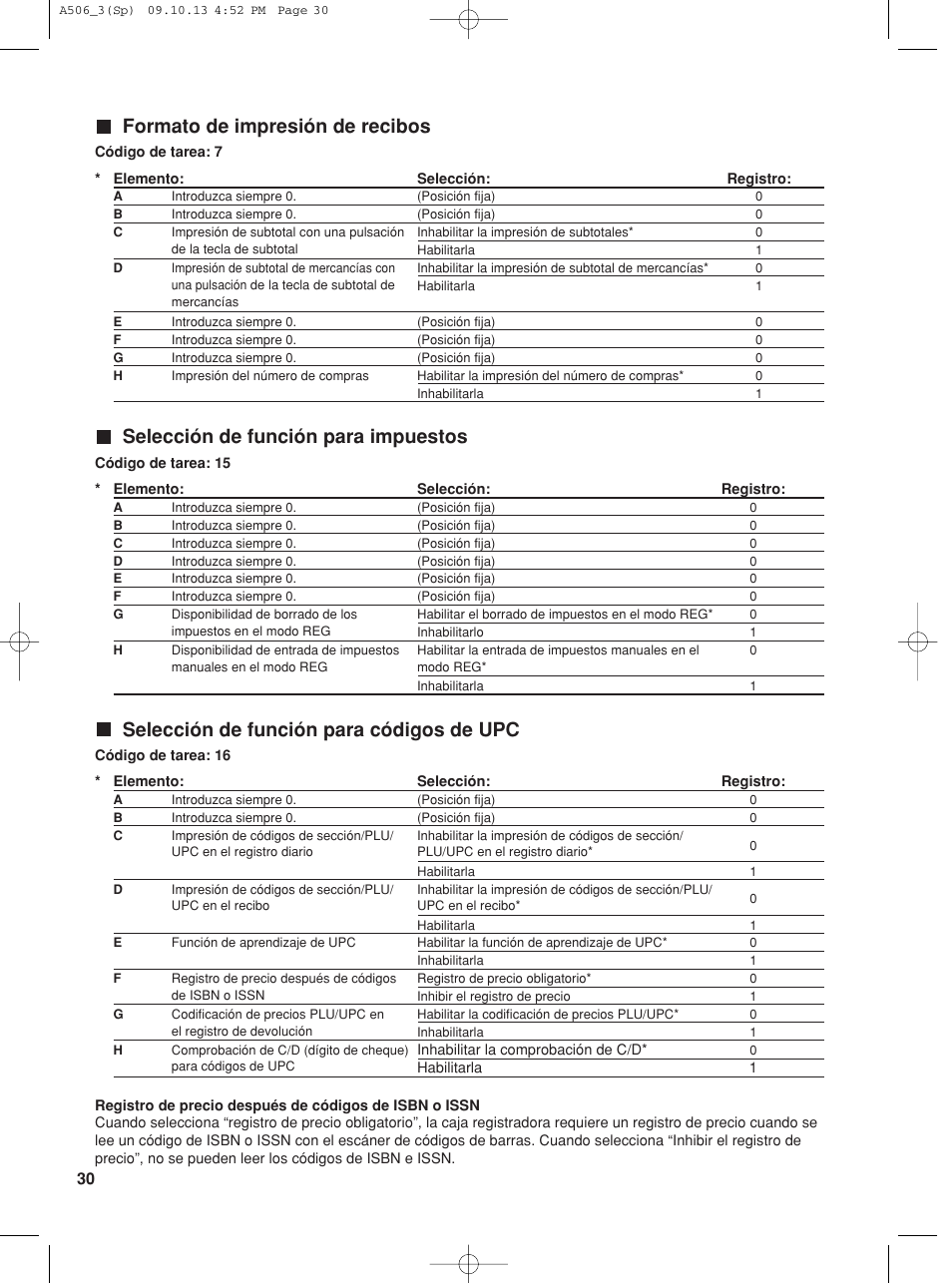 Formato de impresión de recibos, Selección de función para impuestos, Selección de función para códigos de upc | Sharp XE-A506 User Manual | Page 114 / 132