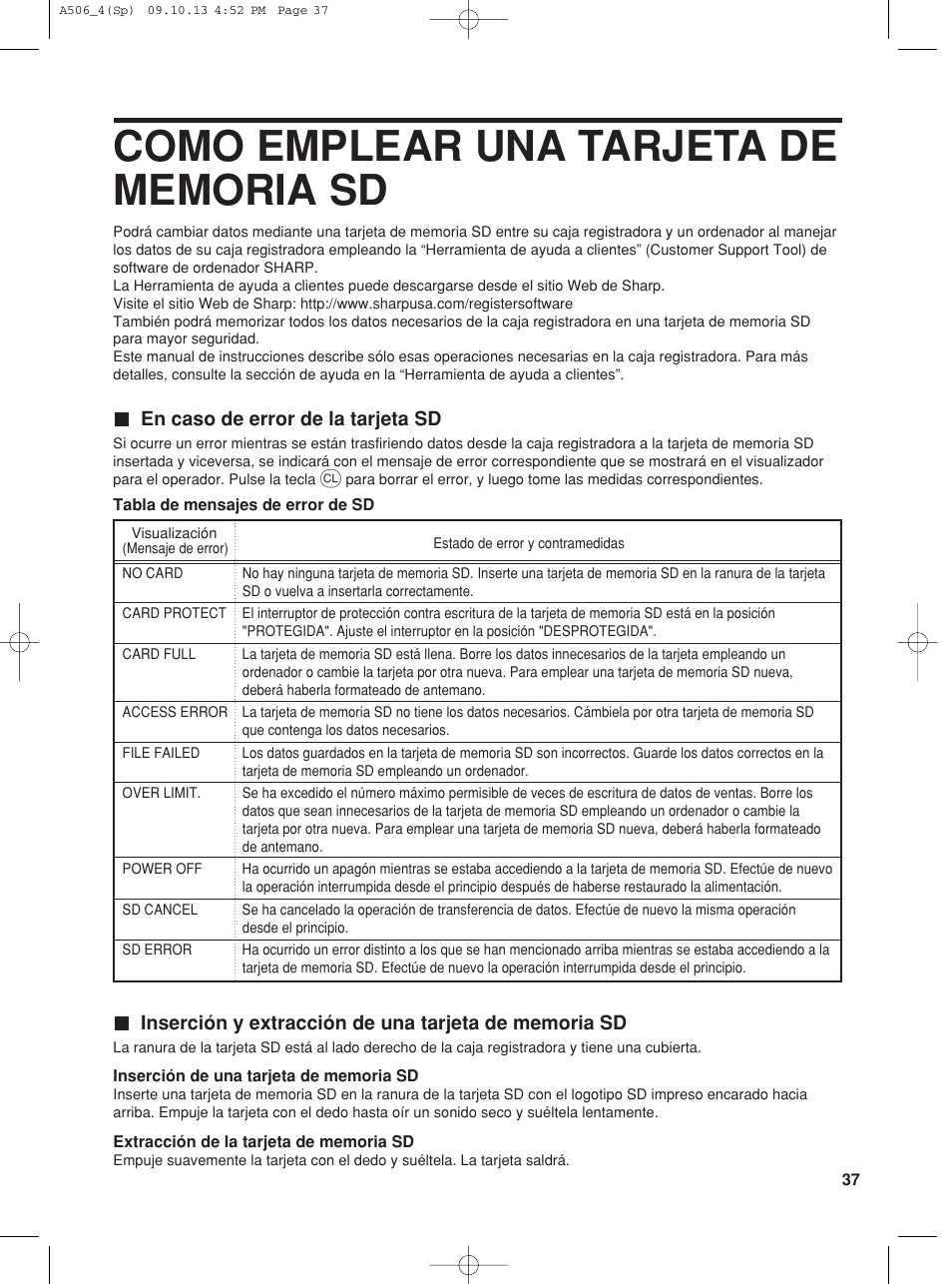 En caso de error de la tarjeta sd | Sharp XE-A506 User Manual | Page 121 / 132