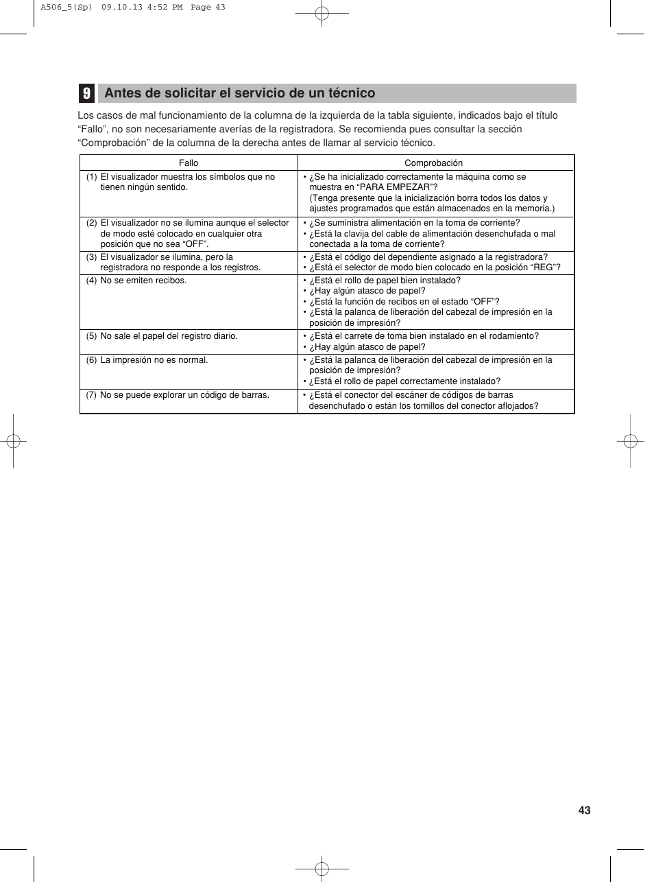 Antes de solicitar el servicio de un técnico | Sharp XE-A506 User Manual | Page 127 / 132