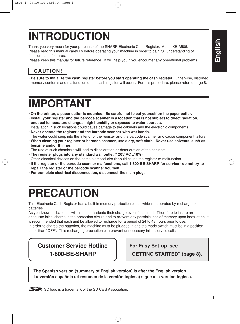 Introduction, Important, Precaution | English | Sharp XE-A506 User Manual | Page 3 / 132