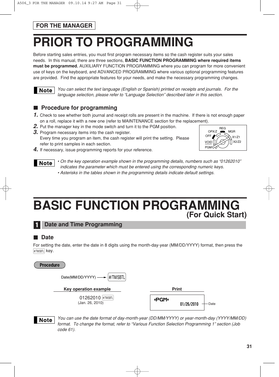 Prior to programming, Basic function programming, For quick start) | Sharp XE-A506 User Manual | Page 33 / 132