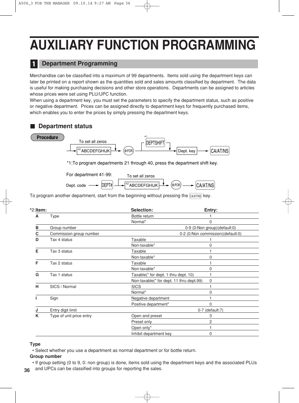 Auxiliary function programming, Department status, Department programming | Sharp XE-A506 User Manual | Page 38 / 132