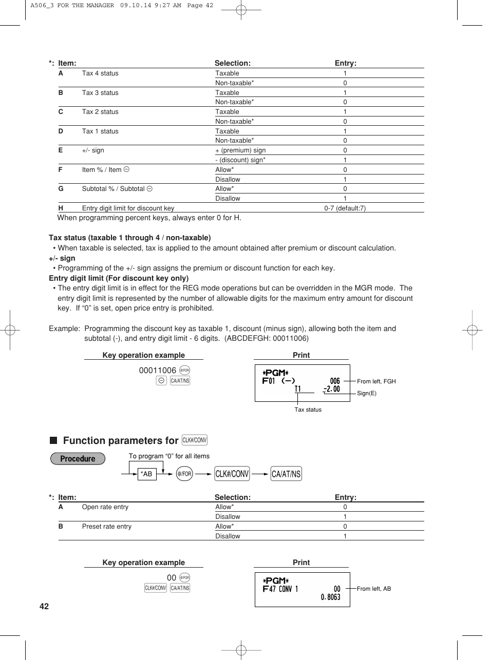 Function parameters for | Sharp XE-A506 User Manual | Page 44 / 132