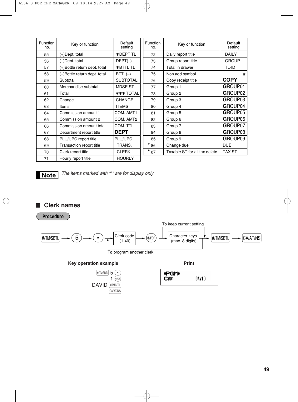 Sp 5 s, Clerk names | Sharp XE-A506 User Manual | Page 51 / 132