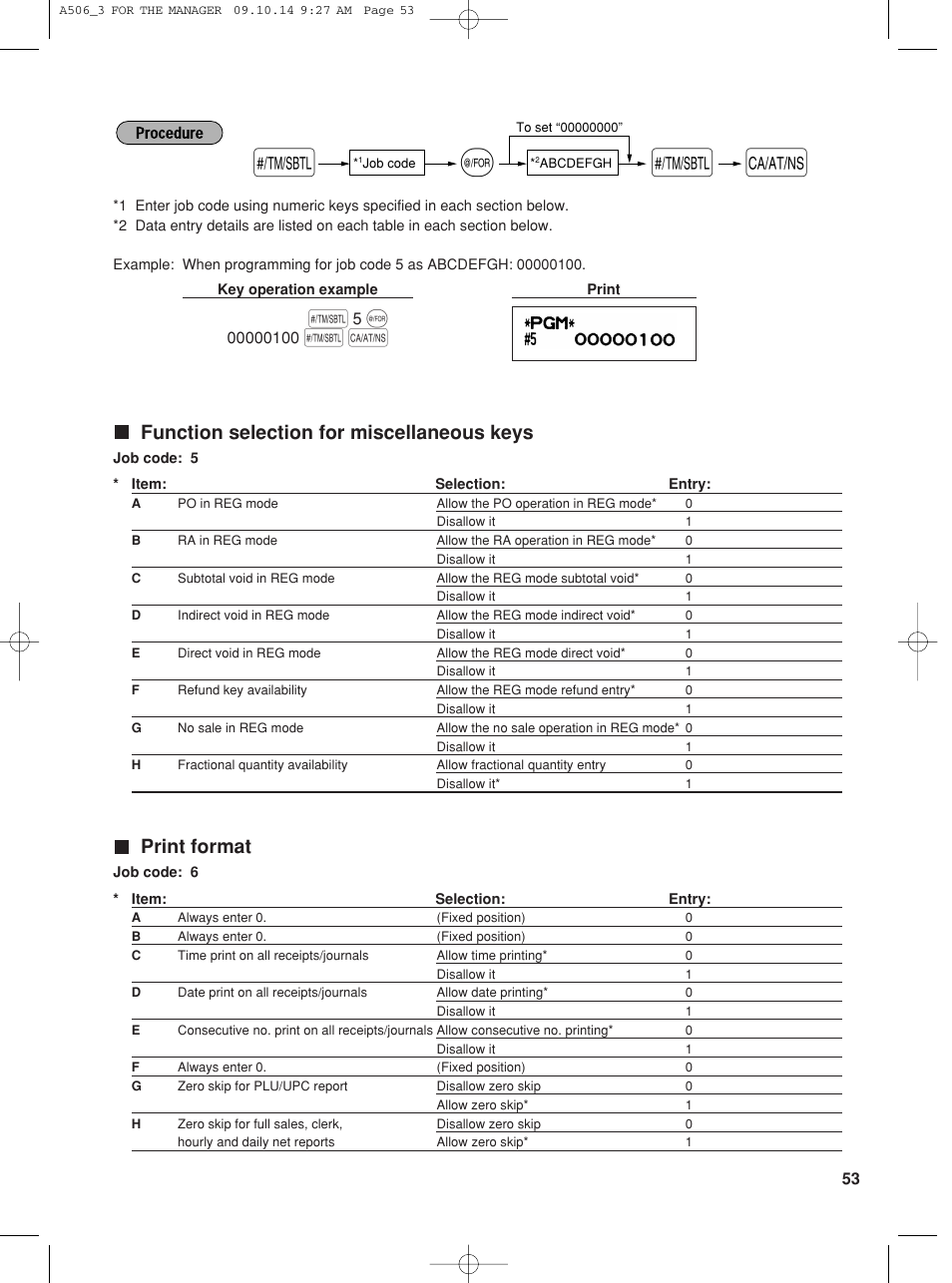 Function selection for miscellaneous keys, Print format | Sharp XE-A506 User Manual | Page 55 / 132