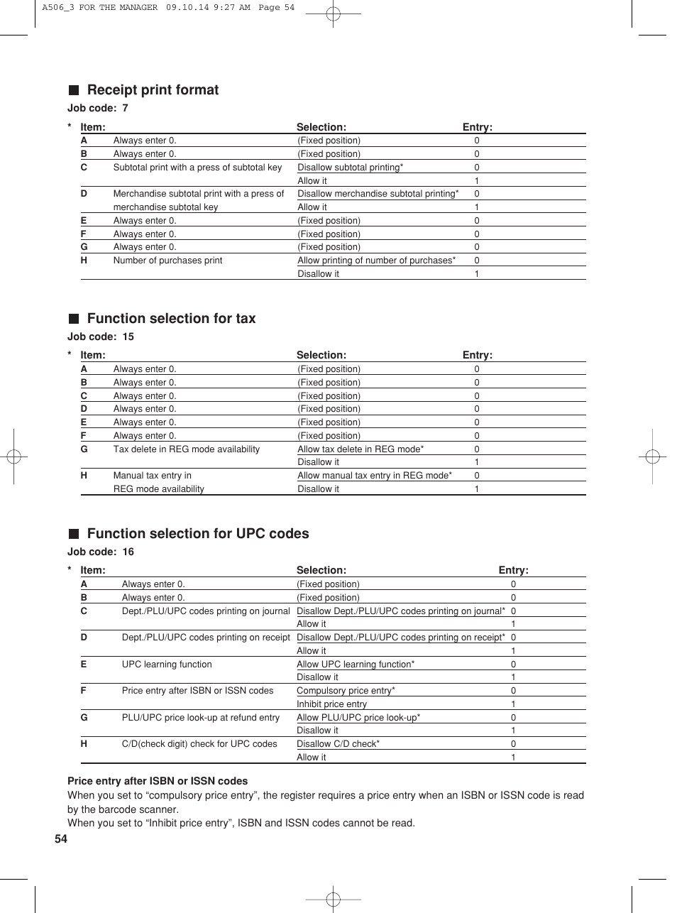 Receipt print format, Function selection for tax, Function selection for upc codes | Sharp XE-A506 User Manual | Page 56 / 132