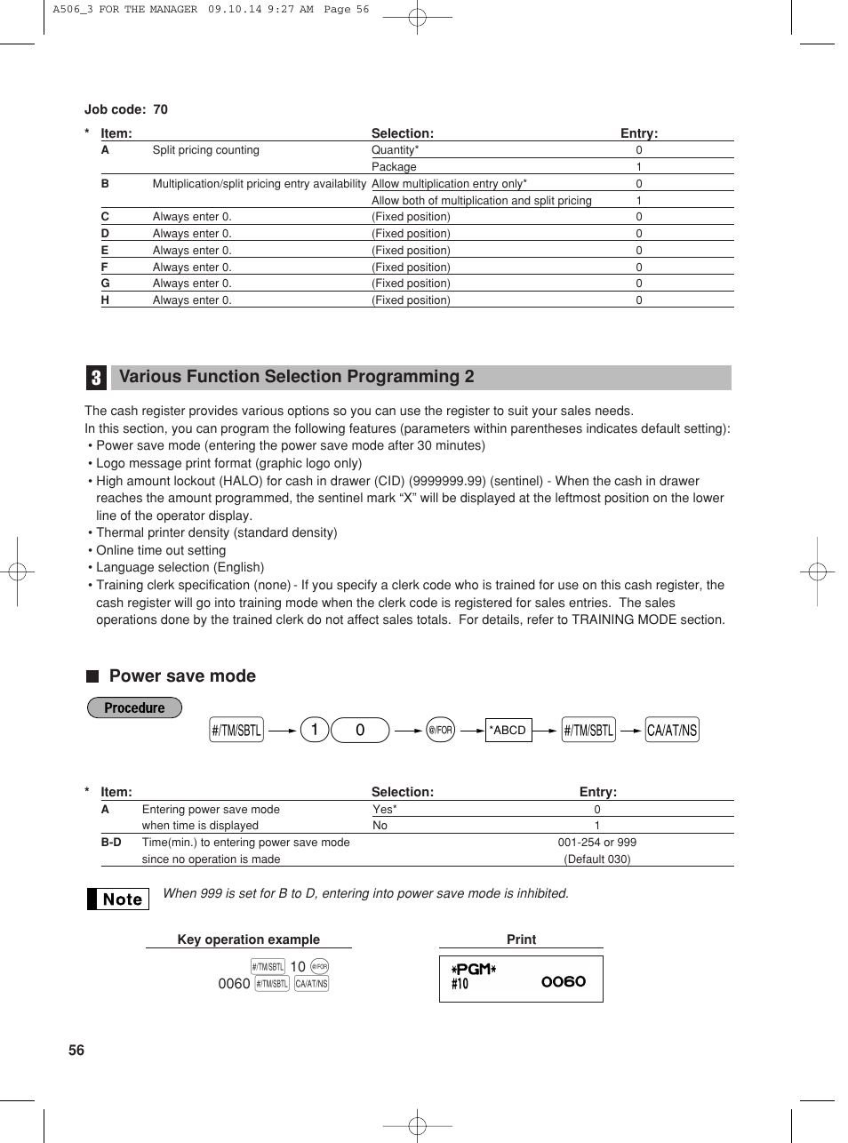 Power save mode, Various function selection programming 2 | Sharp XE-A506 User Manual | Page 58 / 132