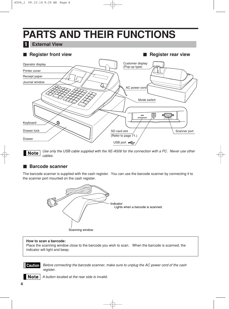 Parts and their functions, Register front view register rear view, Barcode scanner | External view | Sharp XE-A506 User Manual | Page 6 / 132