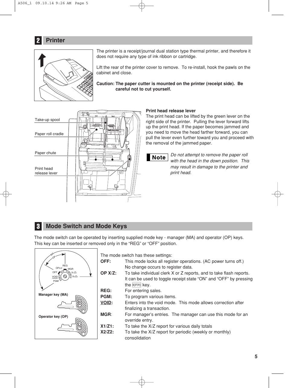 Printer, Mode switch and mode keys | Sharp XE-A506 User Manual | Page 7 / 132