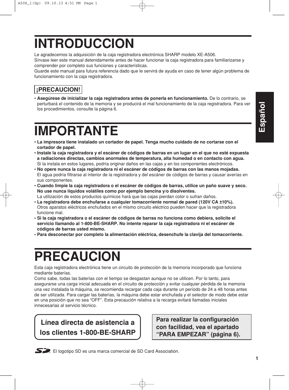 Introduccion, Importante, Precaucion | English español | Sharp XE-A506 User Manual | Page 85 / 132