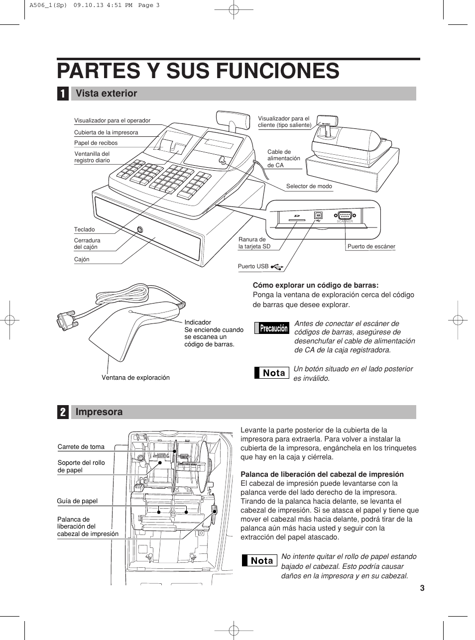 Partes y sus funciones, Vista exterior, Impresora | Sharp XE-A506 User Manual | Page 87 / 132