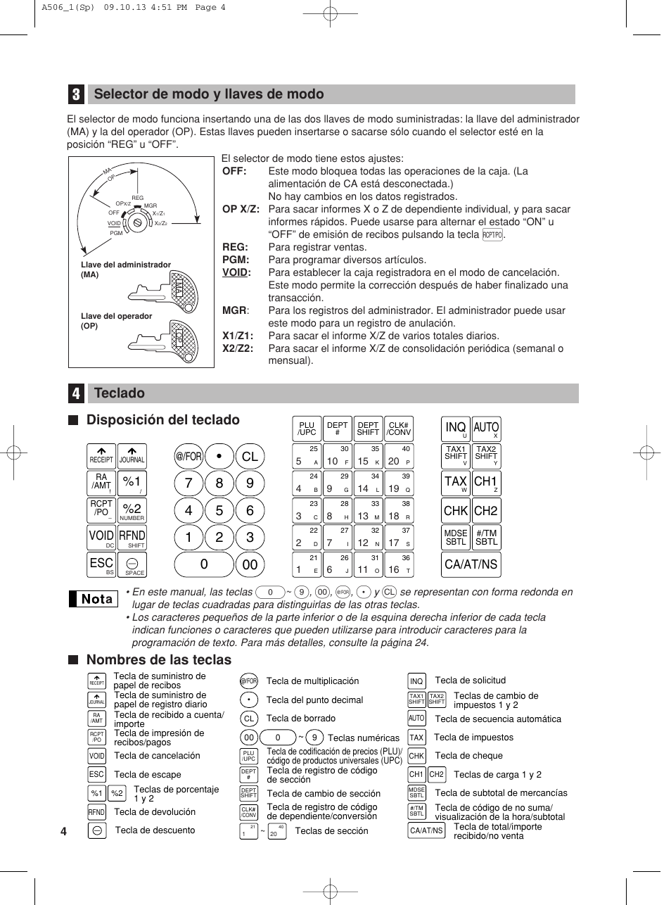 Disposición del teclado, Nombres de las teclas teclado, Selector de modo y llaves de modo | 1 void rfnd, Auto inq, Chk ch2, Tax ch1, Ca/at/ns | Sharp XE-A506 User Manual | Page 88 / 132