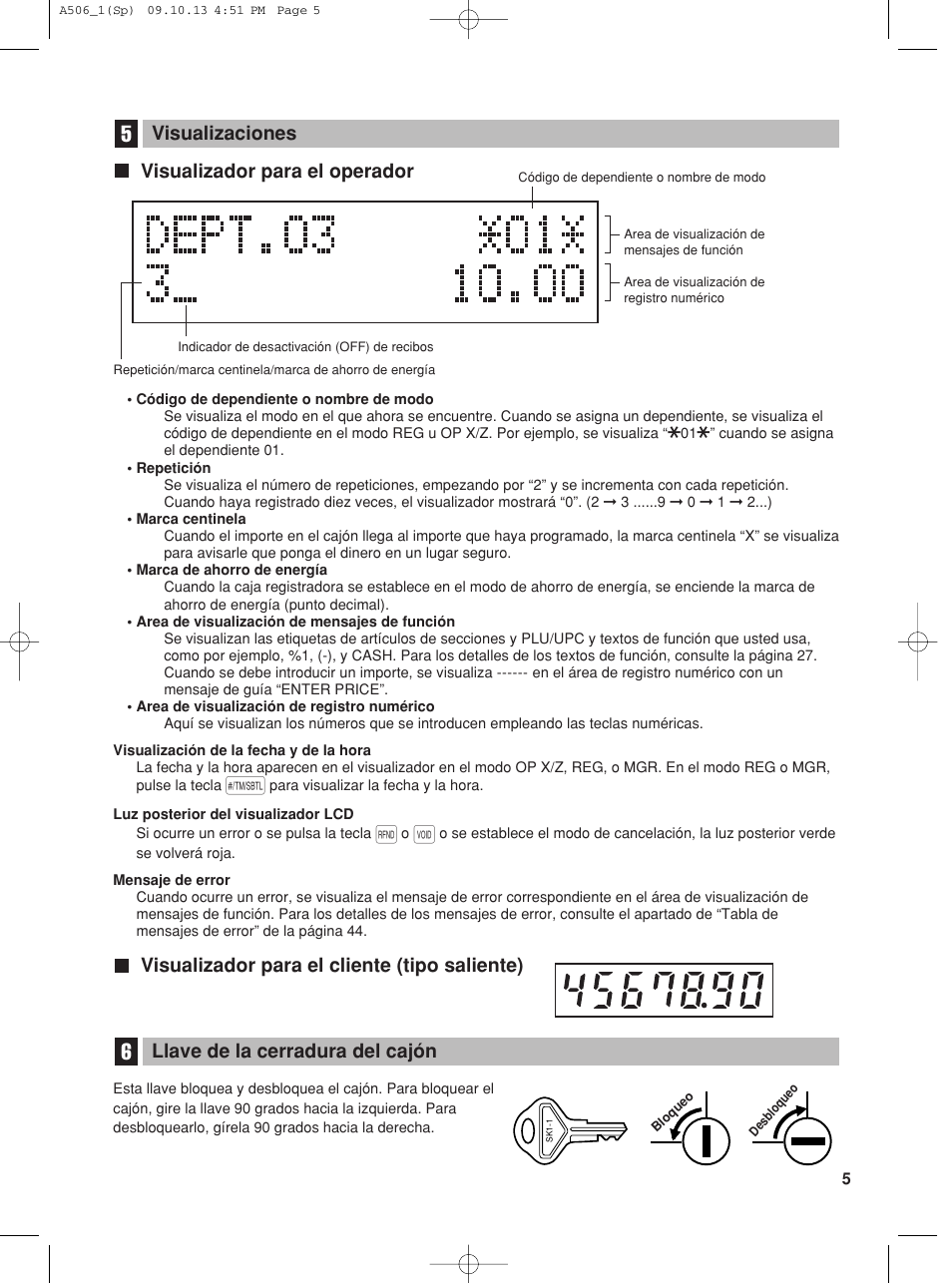 Llave de la cerradura del cajón, Visualizador para el operador | Sharp XE-A506 User Manual | Page 89 / 132