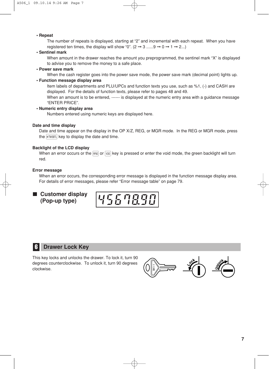 Drawer lock key, Customer display (pop-up type) | Sharp XE-A506 User Manual | Page 9 / 132