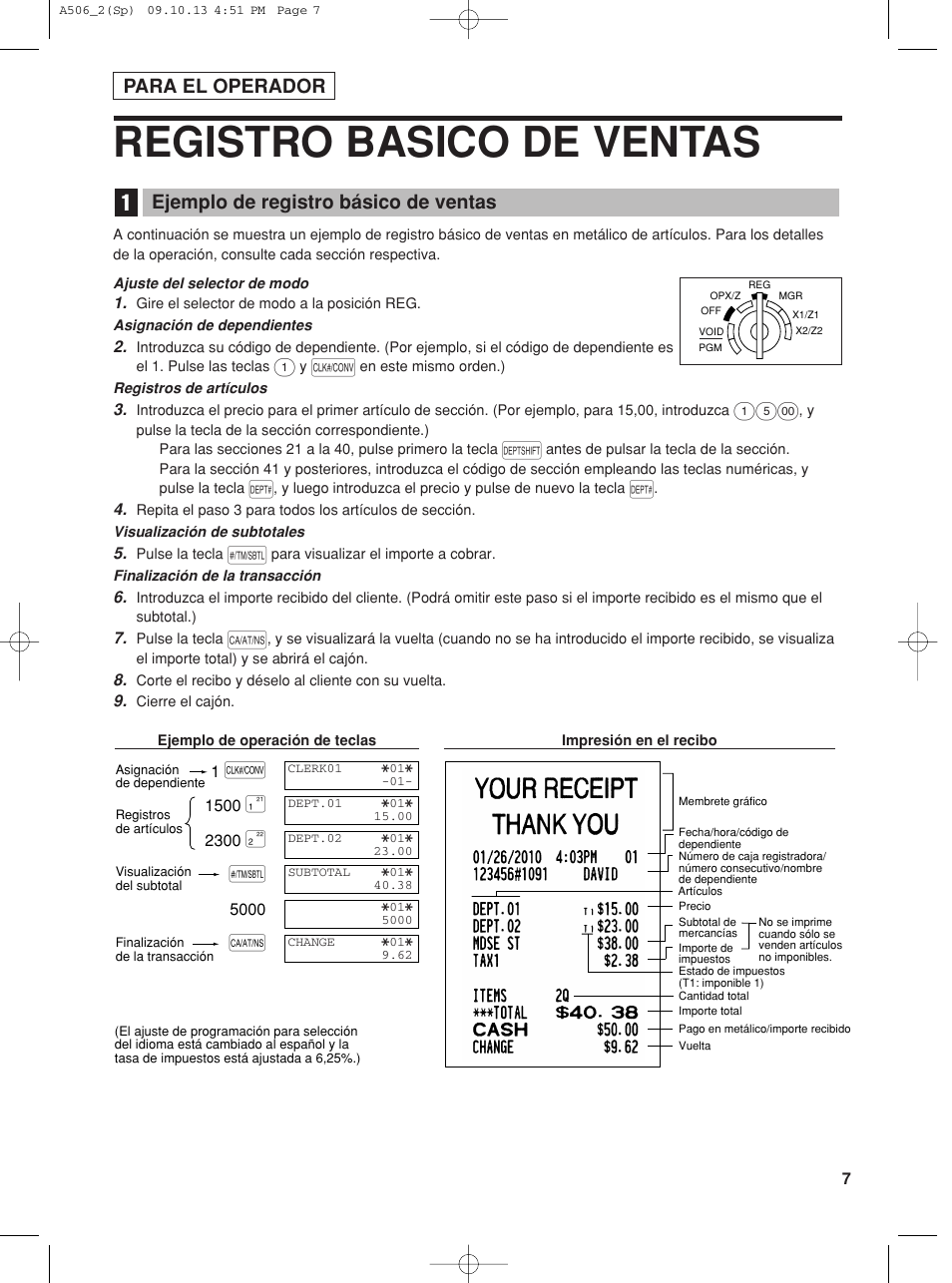 Registro basico de ventas, Para el operador, Ejemplo de registro básico de ventas | Sharp XE-A506 User Manual | Page 91 / 132