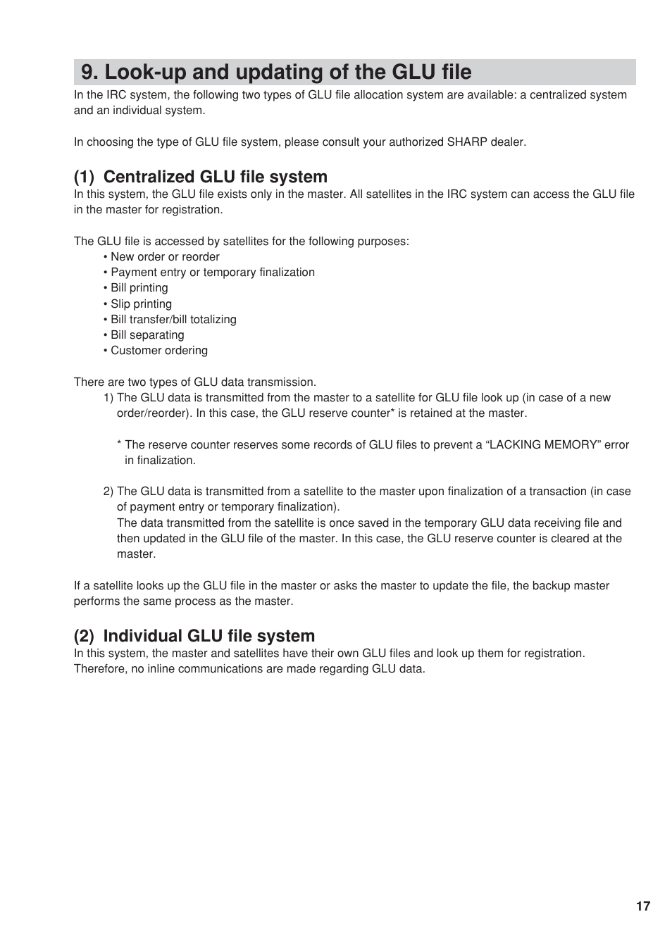 Look-up and updating of the glu file, 1) centralized glu file system, 2) individual glu file system | Sharp UP-820F User Manual | Page 19 / 68