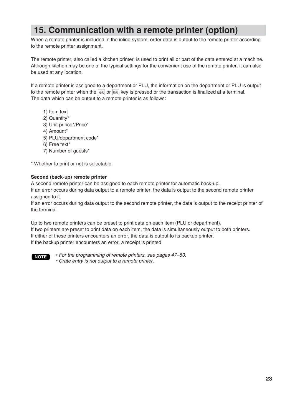 Communication with a remote printer (option) | Sharp UP-820F User Manual | Page 25 / 68