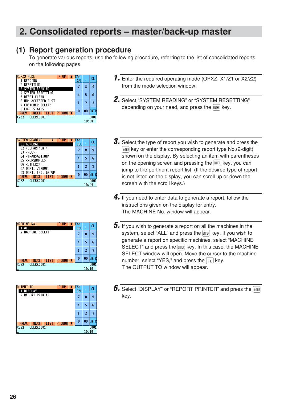 Consolidated reports – master/back-up master, 1) report generation procedure | Sharp UP-820F User Manual | Page 28 / 68