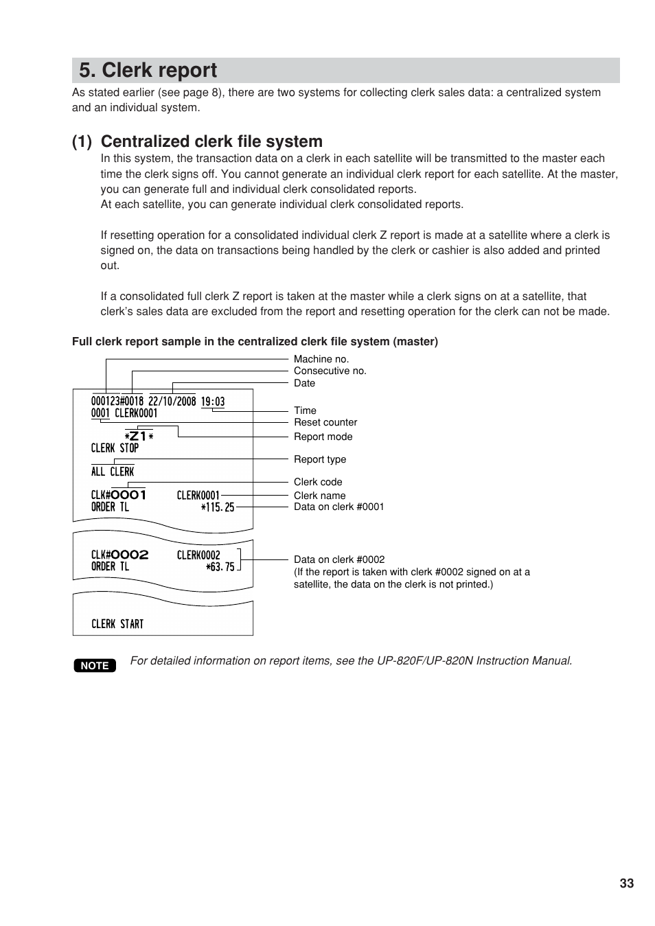 Clerk report, 1) centralized clerk file system | Sharp UP-820F User Manual | Page 35 / 68